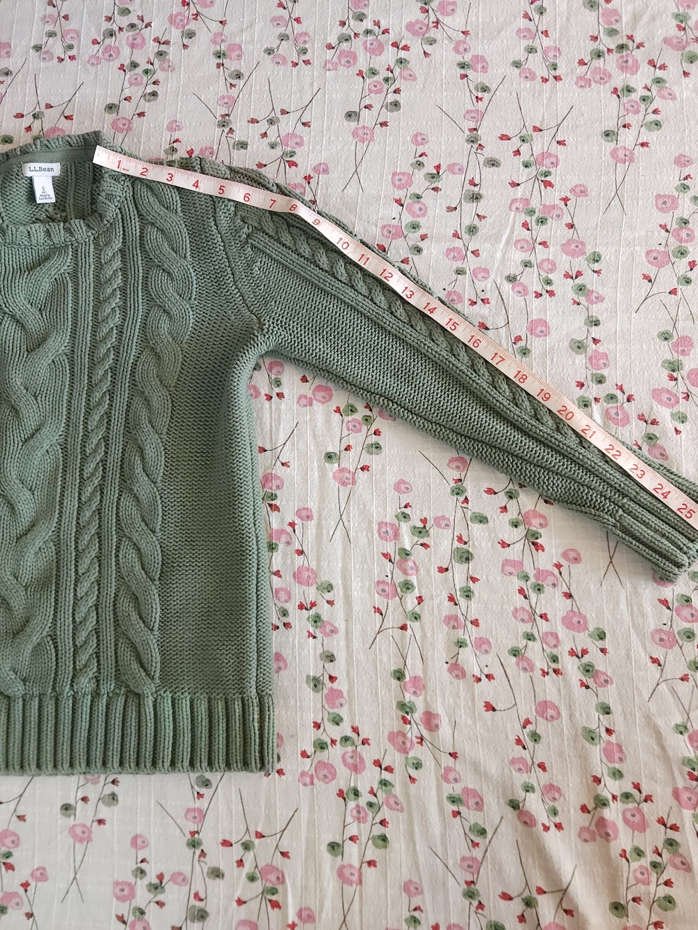 L.L. Bean Double L Cable Crewneck Sweater Sage Green Bay Leaf Cotton Size Small - Picture 12 of 12